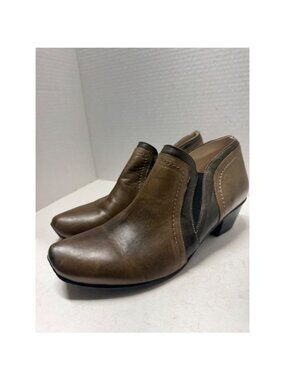 Mentha Brown Leather Colorblock Ankle Boots Portugal Stacked Heel Size 38 7.5